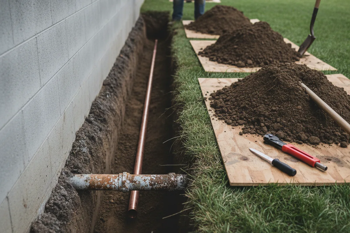 Excavated water line trench during Water Softener Installation in Blackstock